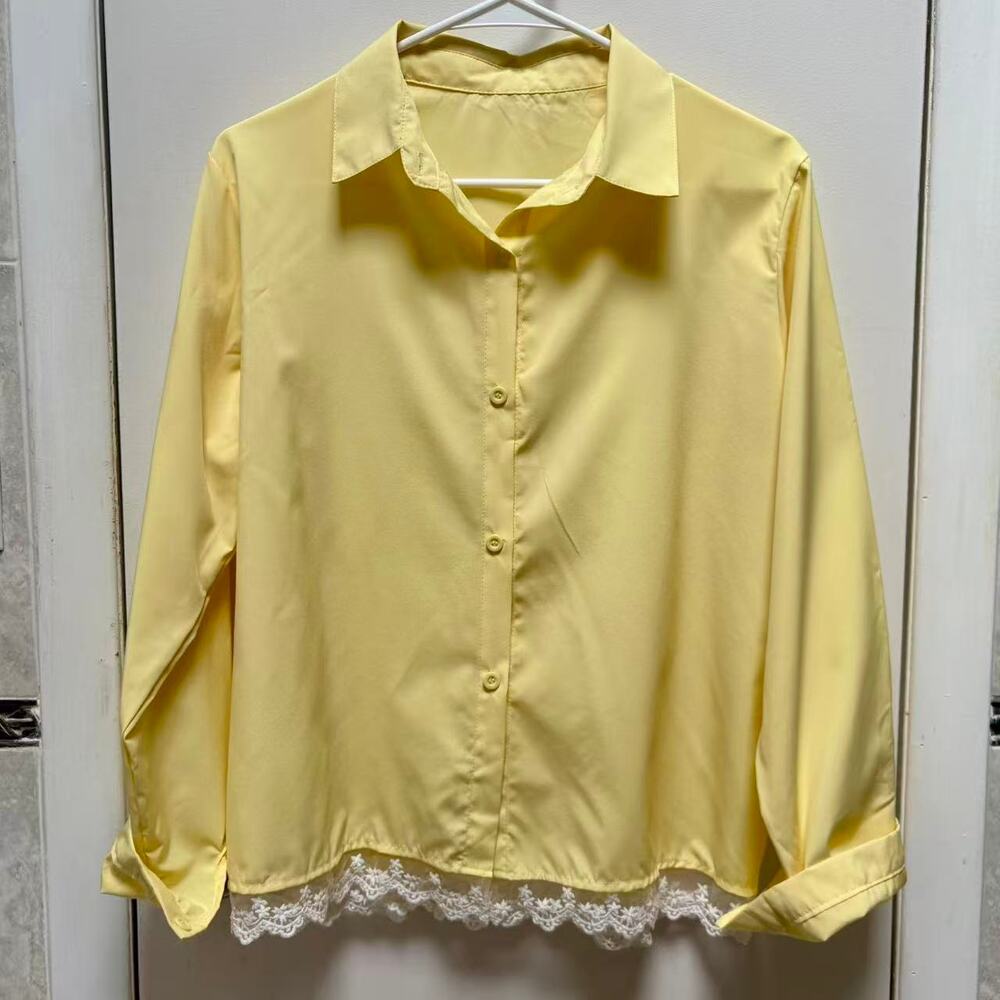 Women Light Yellow Button Down Long Sleeve Floral Lace Trim Hem Blouse Top Large
